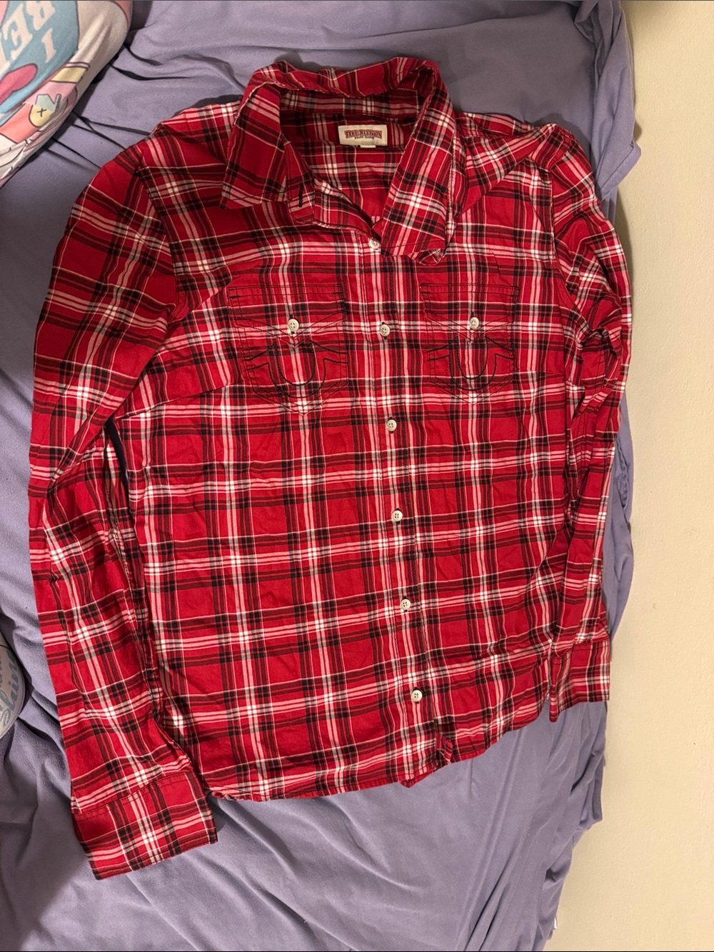 True Religion Womens Red Plaid Flannel Shirt with Bold White Logo - Picture 3 of 6